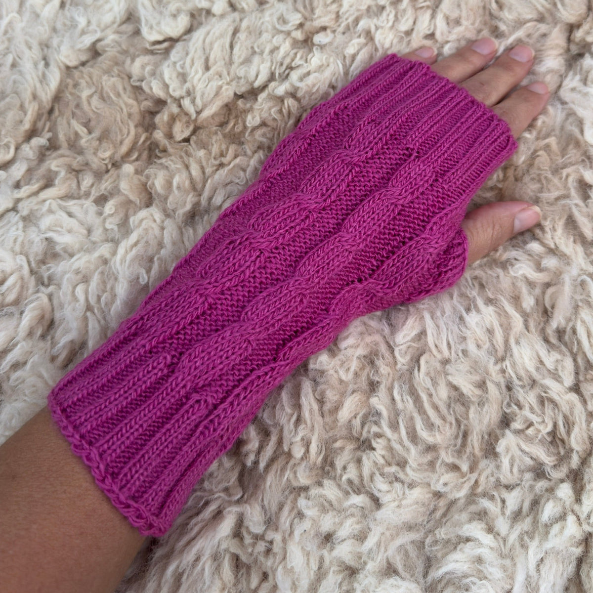 Pink Alpaca Blend Cable Knit Fingerless Gloves