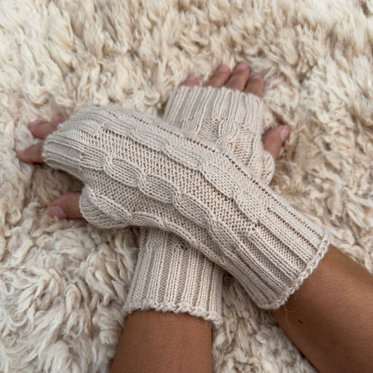 Camel Alpaca Blend Cable Knit Fingerless Gloves