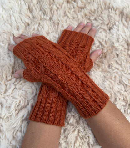 Terracotta Cable Knit Alpaca Fingerless Gloves