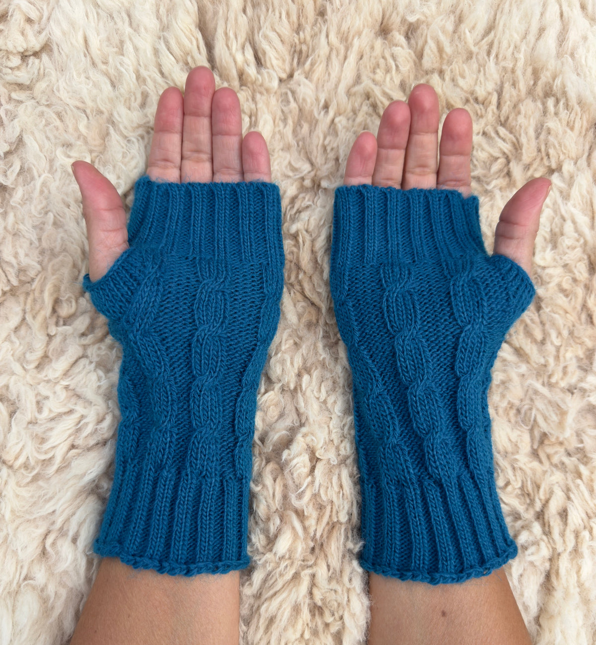 Teal Alpaca Blend Cable Knit Fingerless Gloves