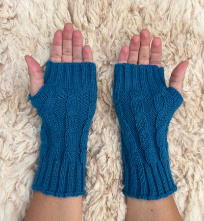Teal Alpaca Blend Cable Knit Fingerless Gloves
