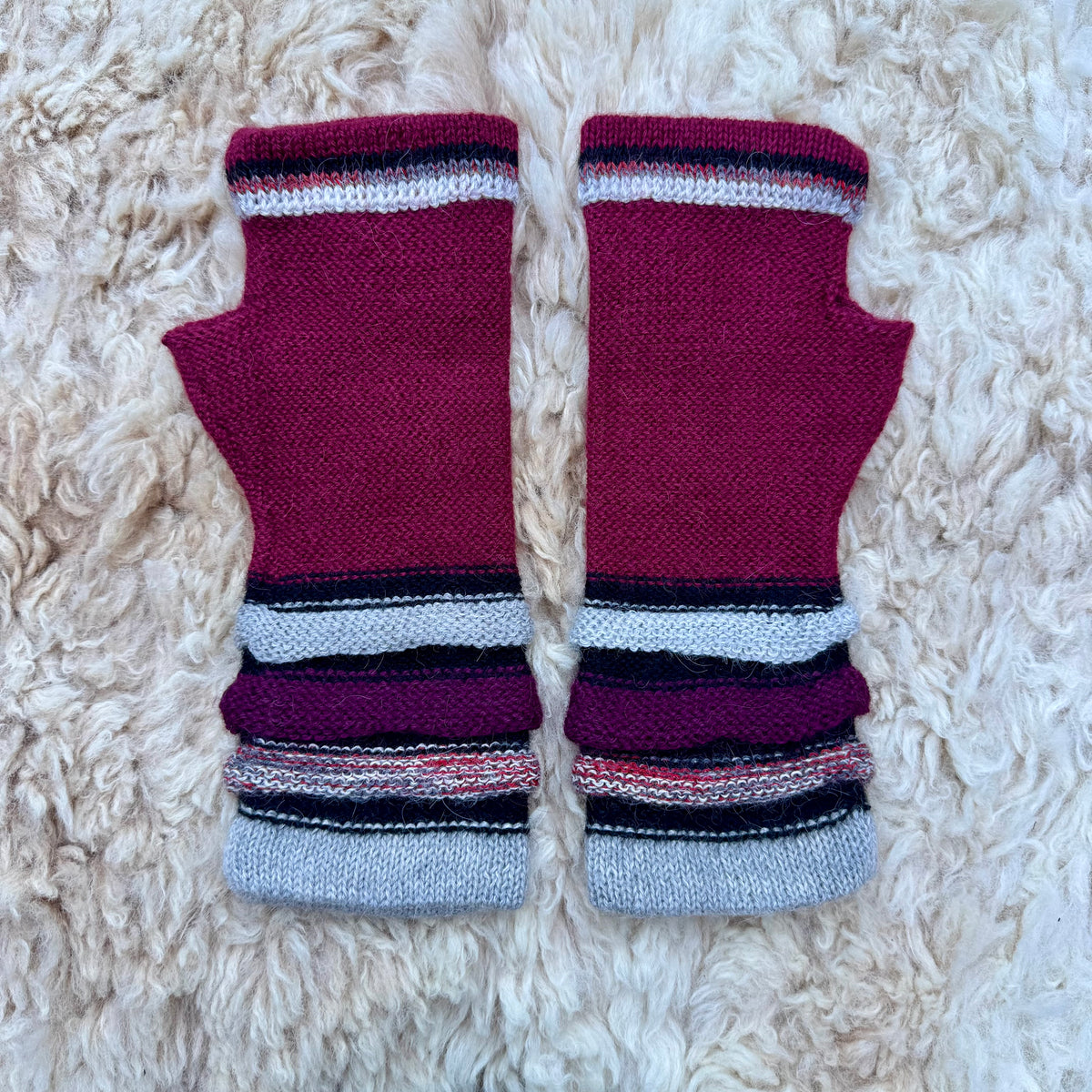 Burgundy Baby Alpaca Fingerless Gloves | Plum Striped Wrist Warmers