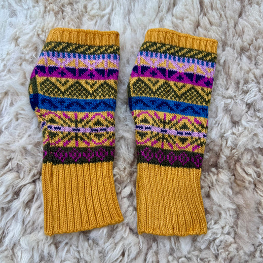 Alpaca Blend Fair Isle Fingerless Gloves- Mustard