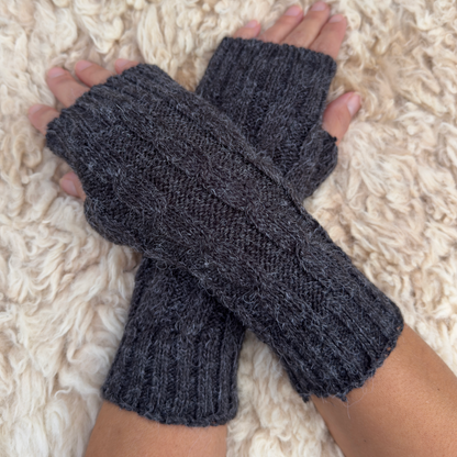 Dark Grey Alpaca Blend Cable Knit Fingerless Gloves