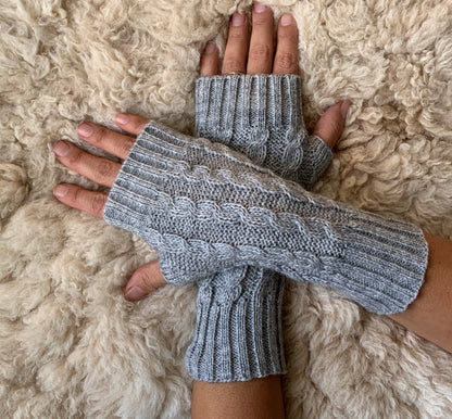 Light Grey Alpaca Blend Cable Knit Fingerless Gloves