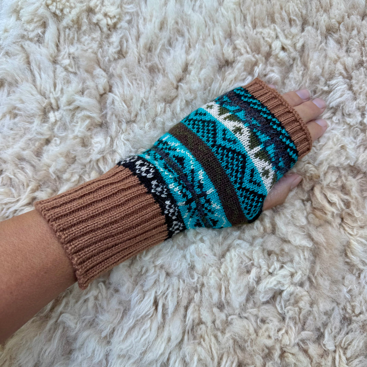 Alpaca Blend Fair Isle Fingerless Gloves- Brown