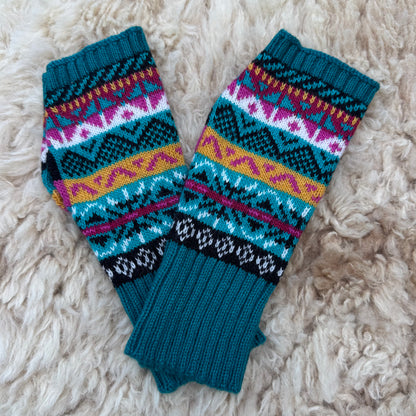 Alpaca Blend Fair Isle Fingerless Gloves- Green