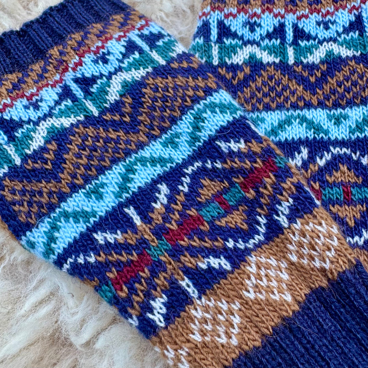 Alpaca Blend Fair Isle Fingerless Gloves- Blue