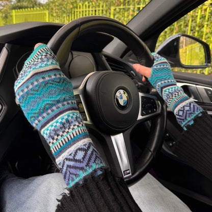 Turquoise Alpaca Fingerless Gloves - Fair Isle Style