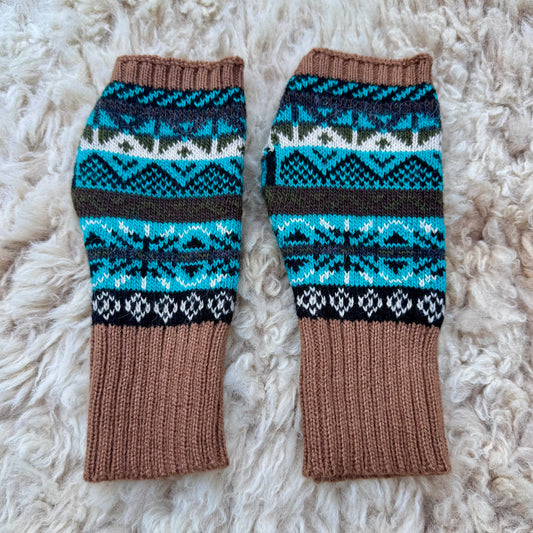 Alpaca Blend Fair Isle Fingerless Gloves- Brown