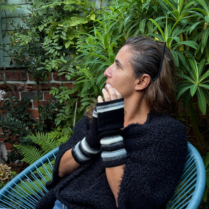 Black Baby Alpaca Fingerless Gloves | Striped Wrist Warmers