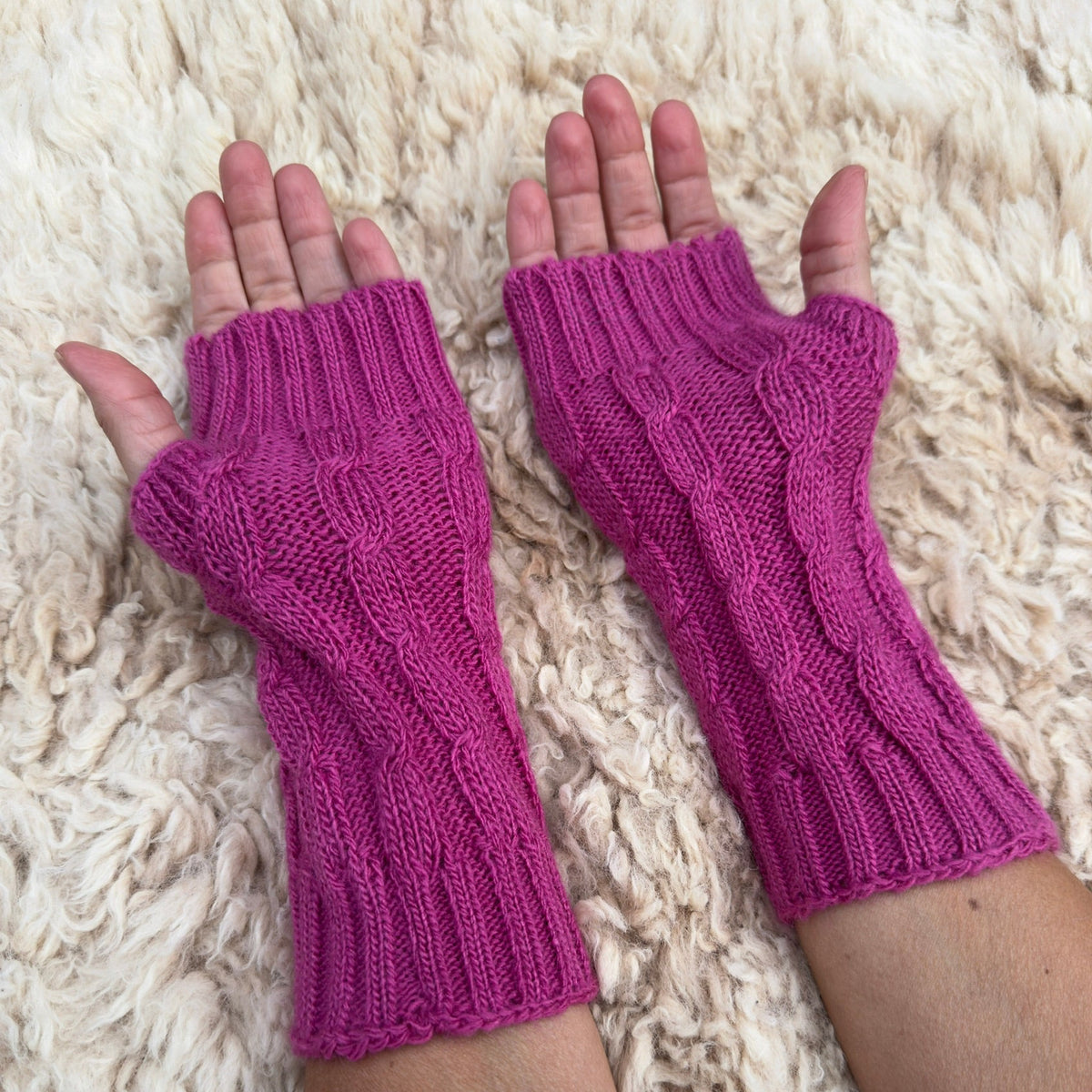 Pink Alpaca Blend Cable Knit Fingerless Gloves