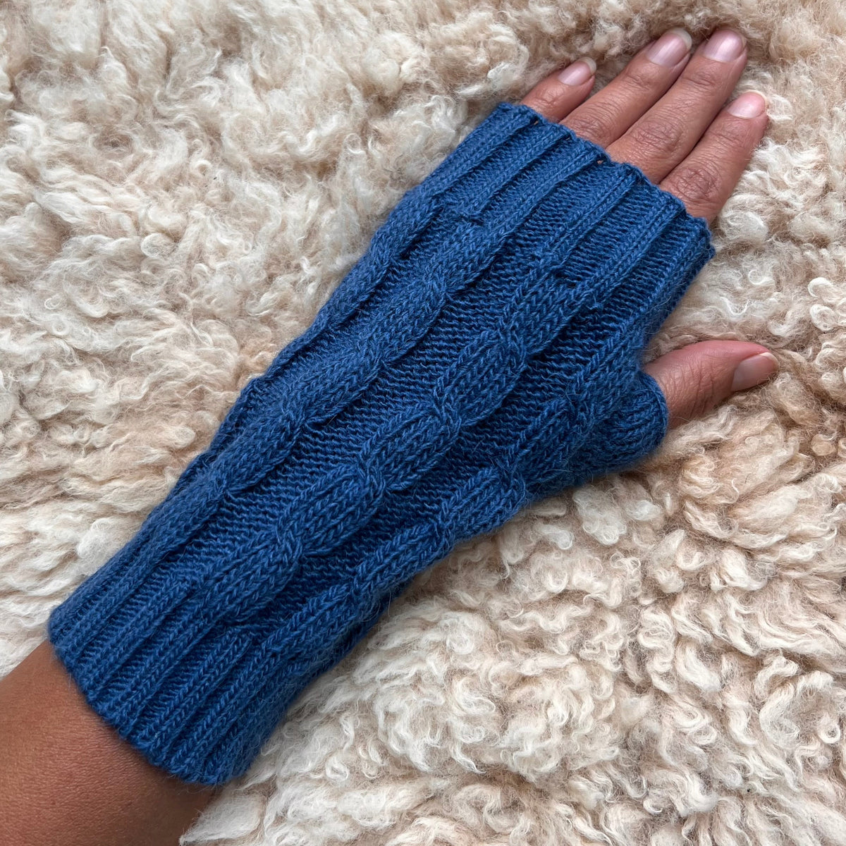 Blue Alpaca Blend Cable Knit Fingerless Gloves