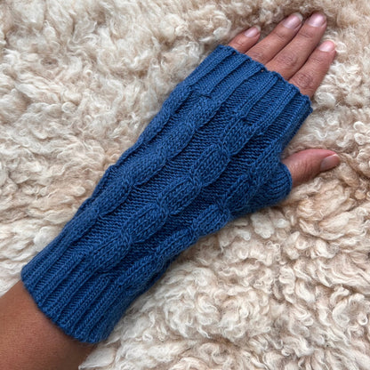 Blue Alpaca Blend Cable Knit Fingerless Gloves