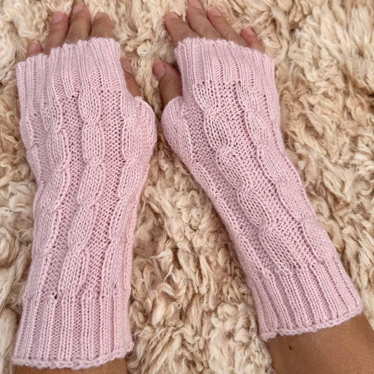 Pink Alpaca Blend Cable Knit Fingerless Gloves