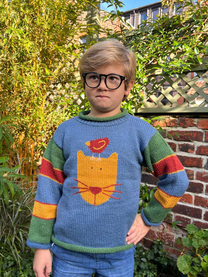 Alpaca wool cat jumper, Toddler knitted jumper, Cat and bird knitted Jumper,  Green cat knit sweater,  Cat gifts