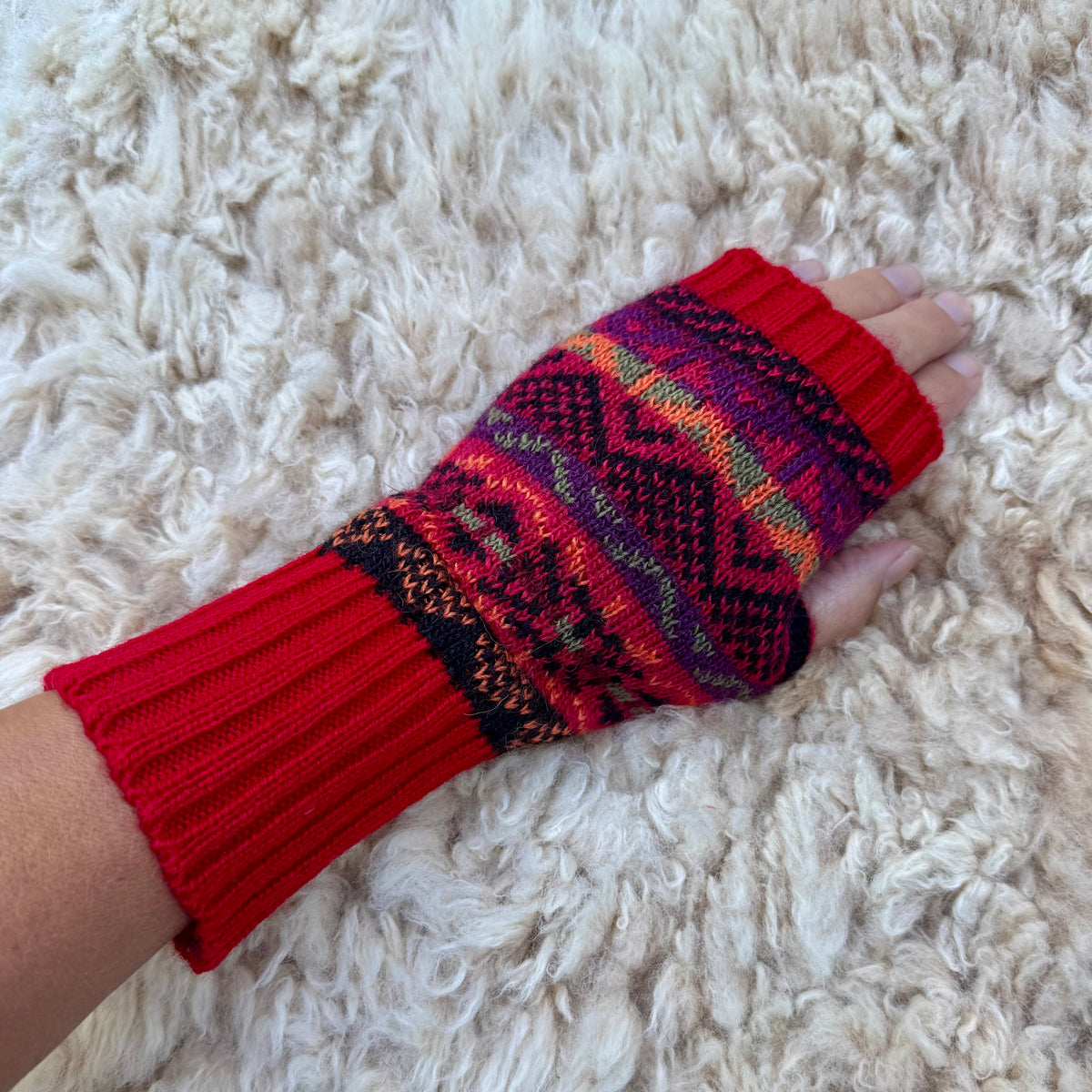 Alpaca Blend Fair Isle Fingerless Gloves - Red