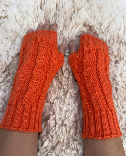 Orange Alpaca Blend Cable Knit Fingerless Gloves