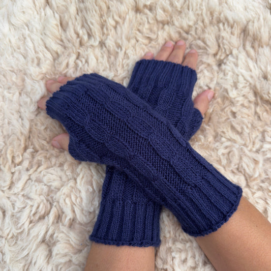 Navy Alpaca Blend Cable Knit Fingerless Gloves