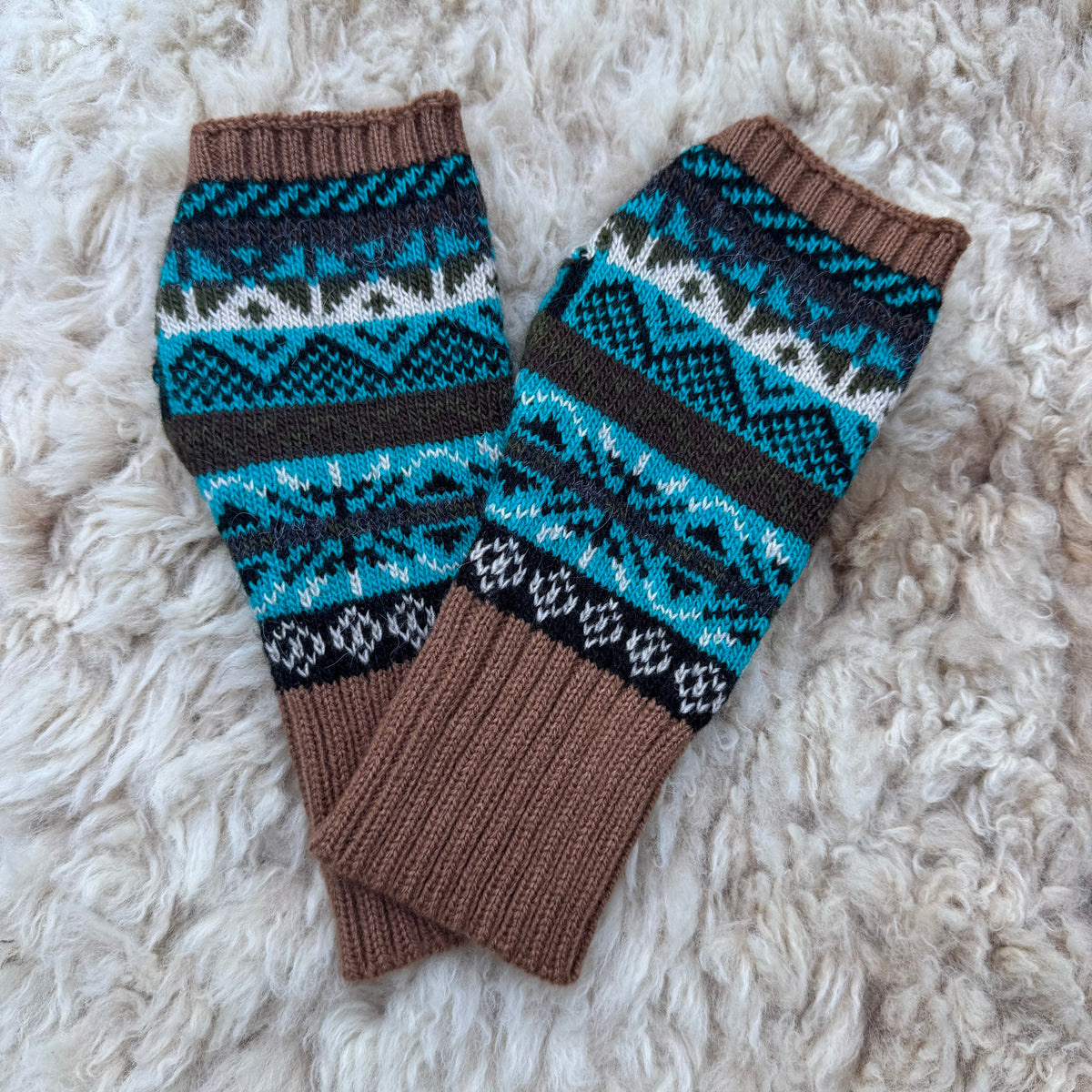 Alpaca Blend Fair Isle Fingerless Gloves- Brown