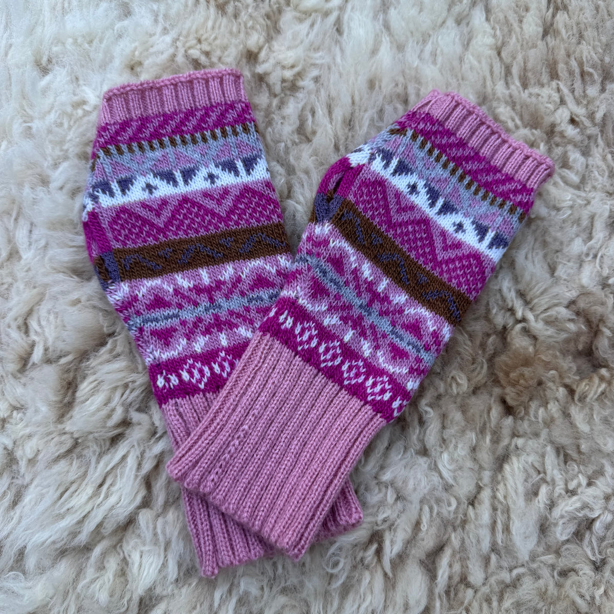 Alpaca Blend Fair Isle Fingerless Gloves - Pink