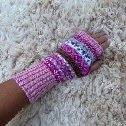 Alpaca Blend Fair Isle Fingerless Gloves - Pink