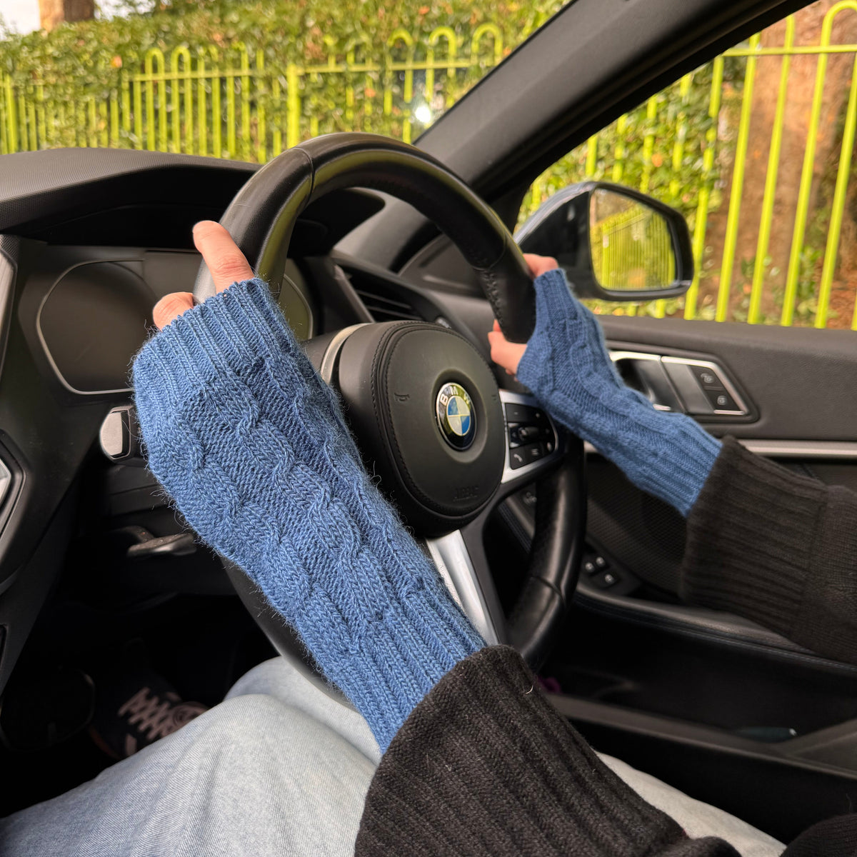 Blue Alpaca Blend Cable Knit Fingerless Gloves