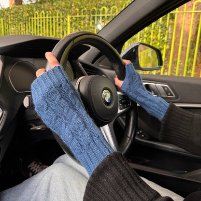Blue Alpaca Blend Cable Knit Fingerless Gloves