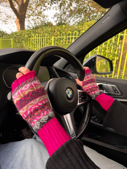 Fuchsia & Yellow Fair Isle Alpaca Fingerless Gloves
