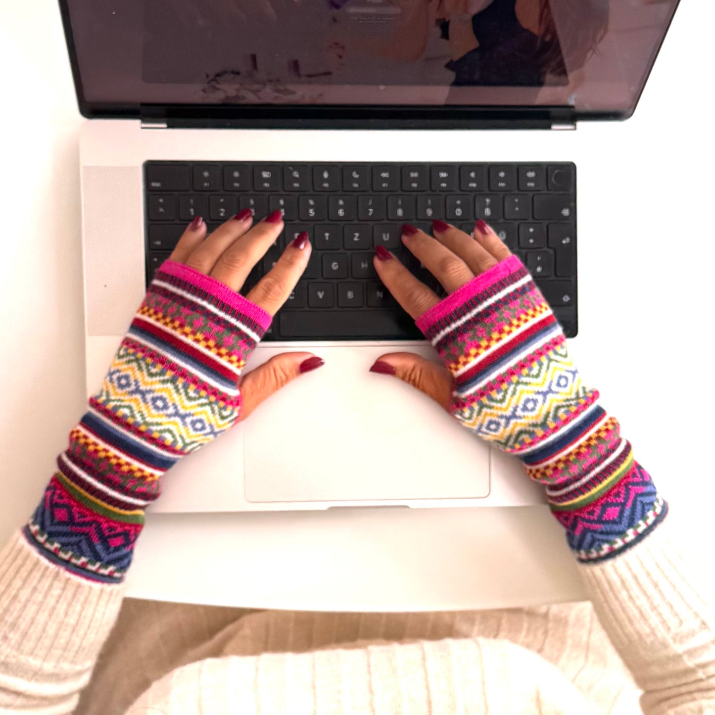 Pink Alpaca Fingerless Gloves - Fair Isle Style