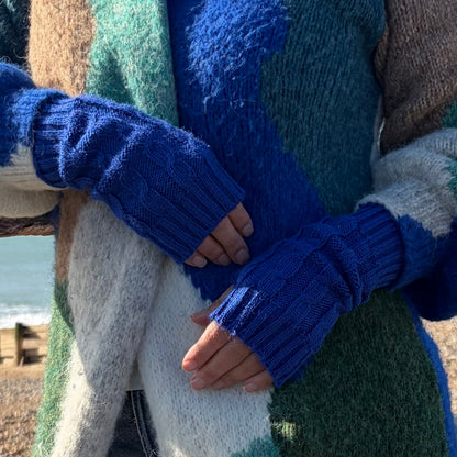 Royal Blue Cable Knit Alpaca Fingerless Gloves