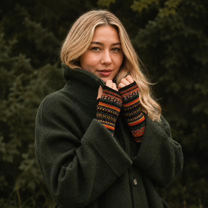 Orange Alpaca Fingerless Gloves - Fair Isle Style