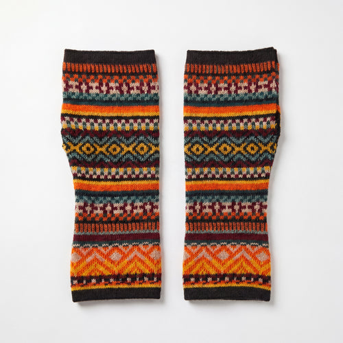 Orange Alpaca Fingerless Gloves - Fair Isle Style