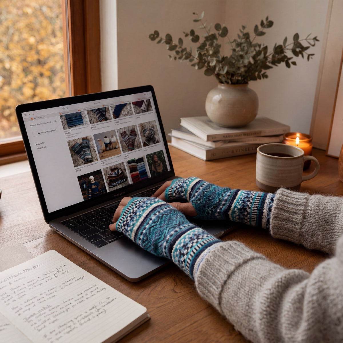 Turquoise Alpaca Fingerless Gloves - Fair Isle Style