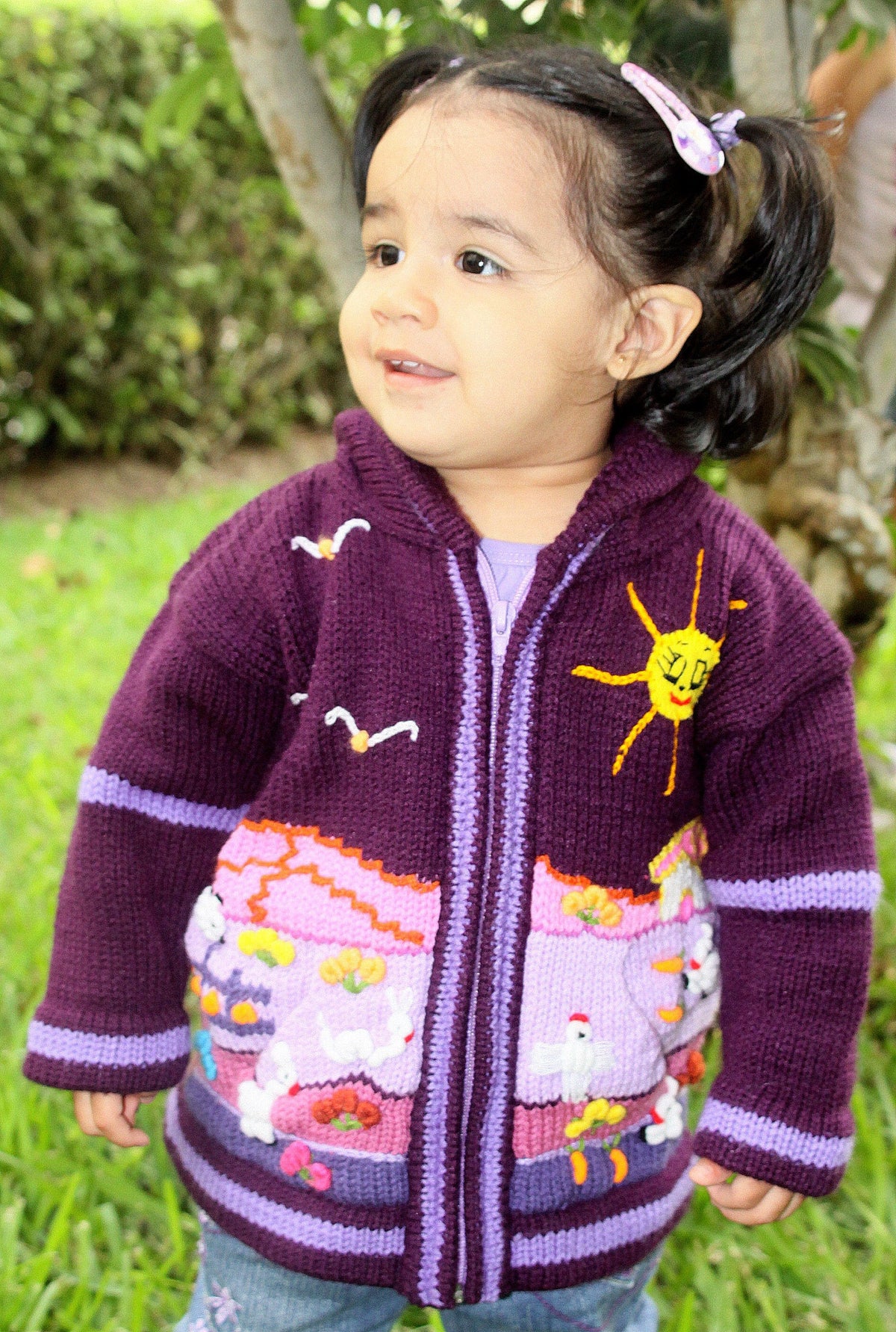 Plum Purple Hand-Embroidered Fleece-Lined Kids Cardigan, photo 3