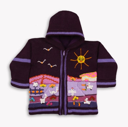 Plum Purple Hand-Embroidered Fleece-Lined Kids Cardigan
