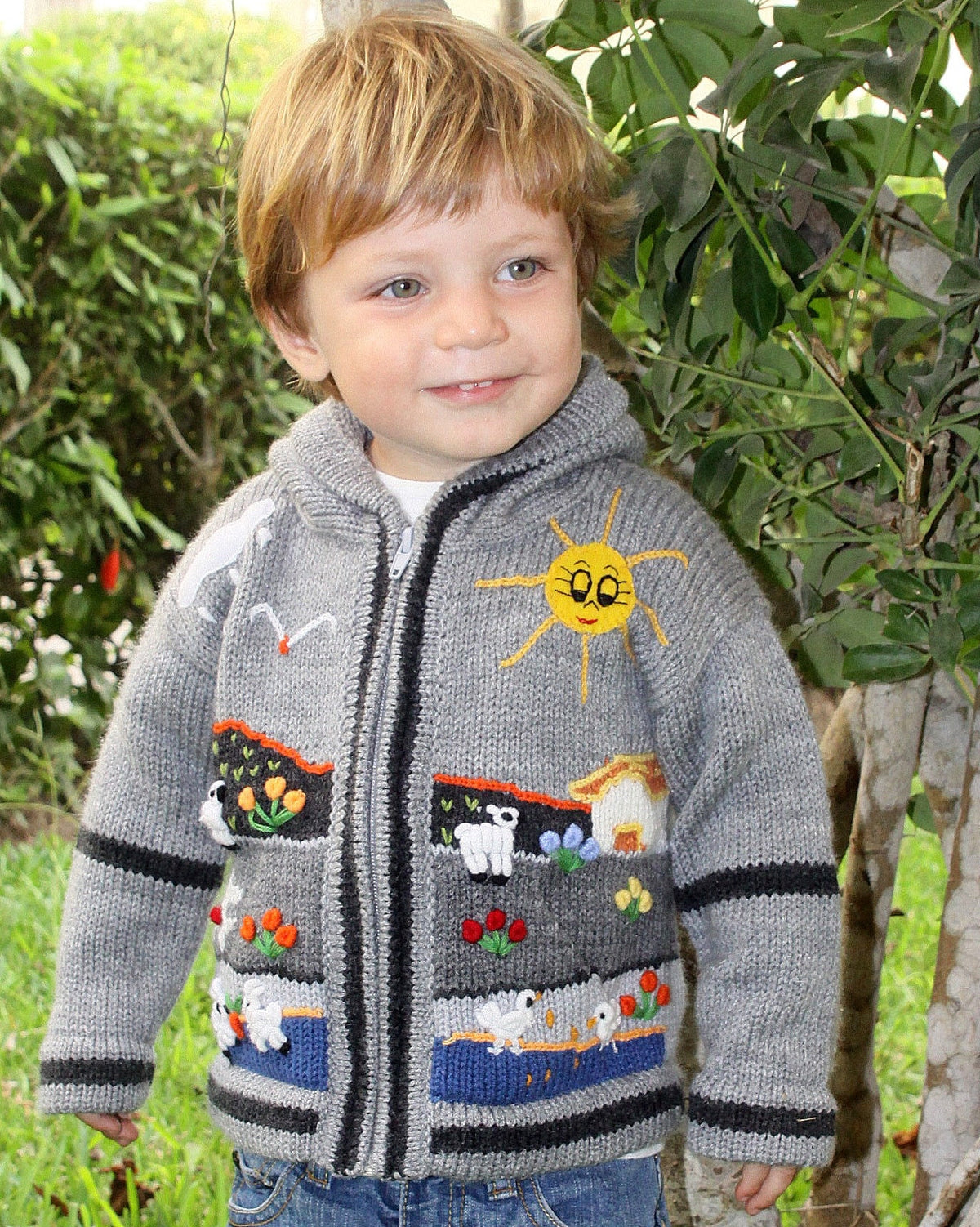 Grey Stripe Pixie Hood Hand-Embroidered Kids Cardigan, photo 2
