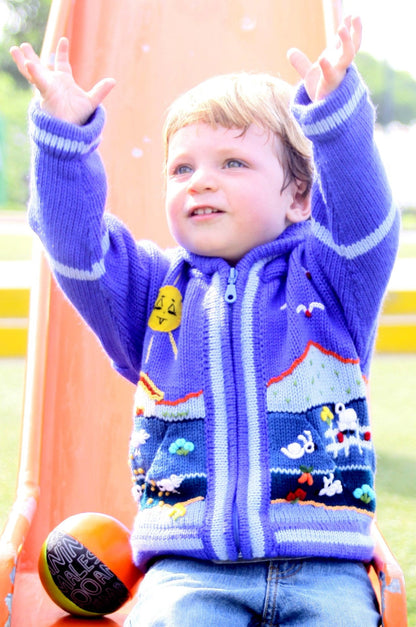 Periwinkle Blue Hand-Embroidered Fleece-Lined Kids Cardigan, photo 3