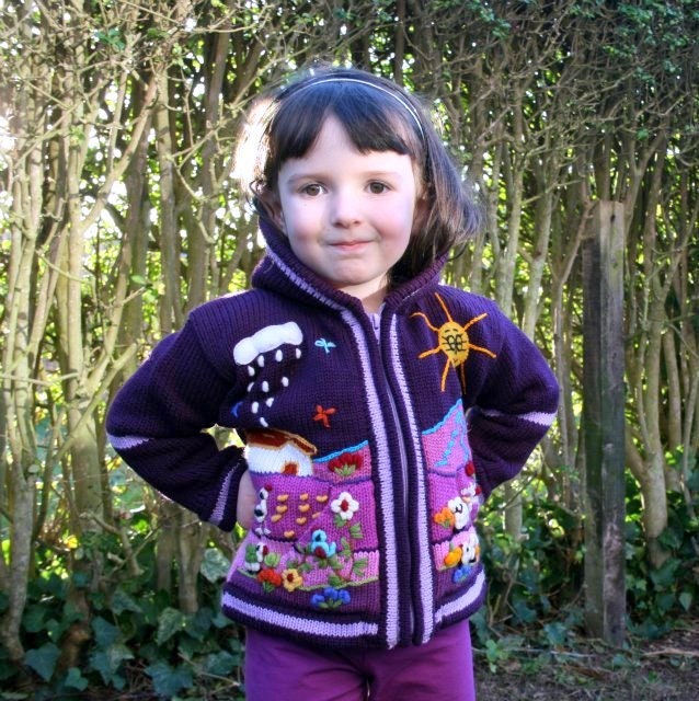 Plum Purple Hand-Embroidered Fleece-Lined Kids Cardigan, photo 2