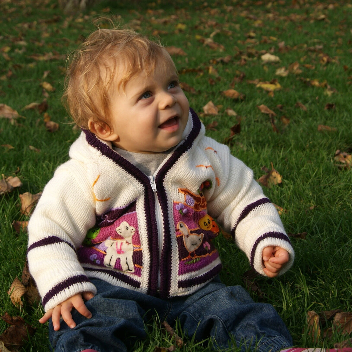 Cream & Purple Hand-Embroidered Fleece-Lined Kids Cardigan, photo 2