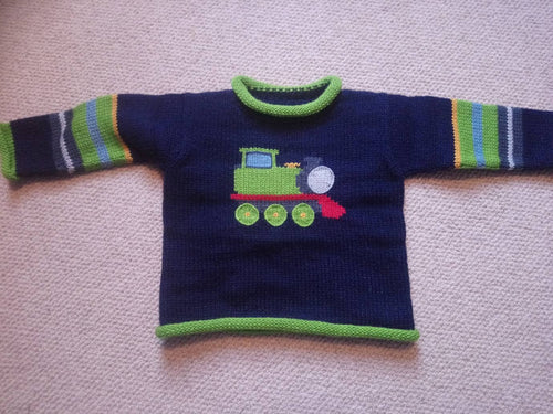 Navy & Lime Train Hand-Embroidered Alpaca Kids Jumper