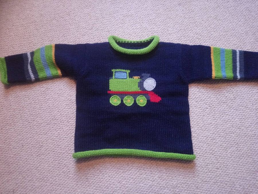 Navy & Lime Train Hand-Embroidered Alpaca Kids Jumper