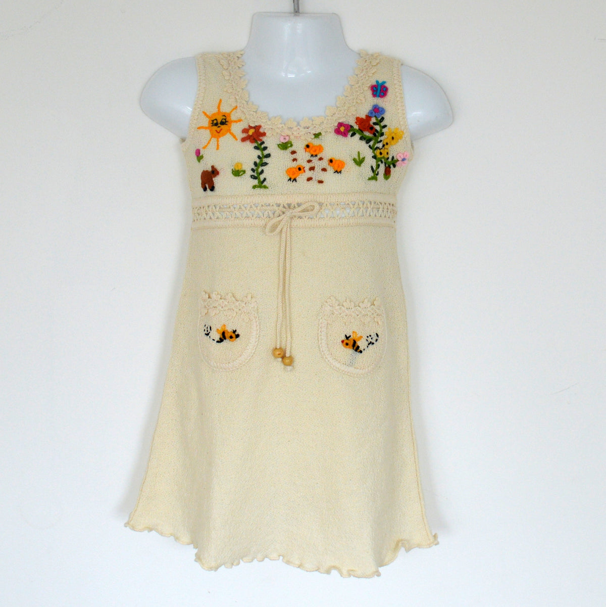 Cream Sleeveless Hand-Embroidered Cotton Summer Dress