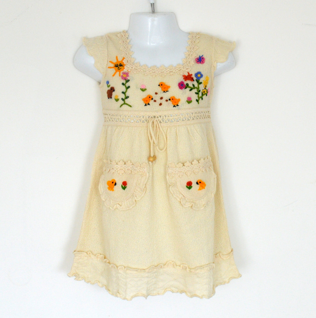 Cream Hand-Embroidered Cotton Summer Dress with Pockets