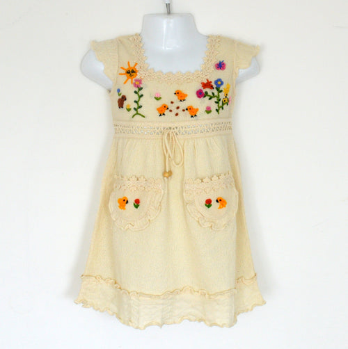 Cream Hand-Embroidered Cotton Summer Dress with Pockets