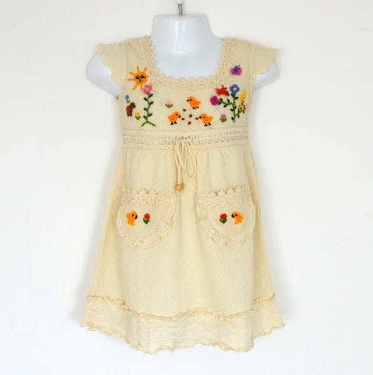 Cream Hand-Embroidered Cotton Summer Dress with Pockets
