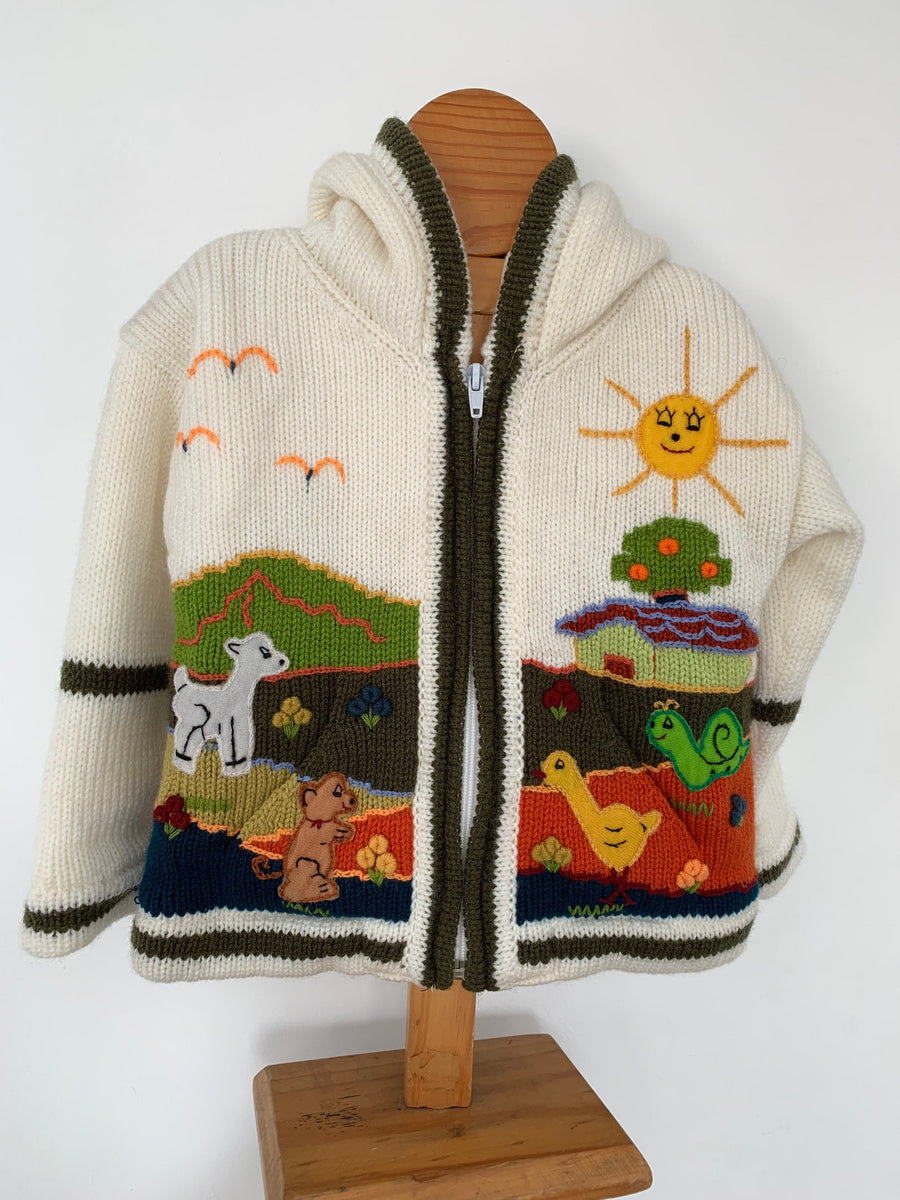 Cream & Olive Hand-Embroidered Fleece-Lined Kids Cardigan