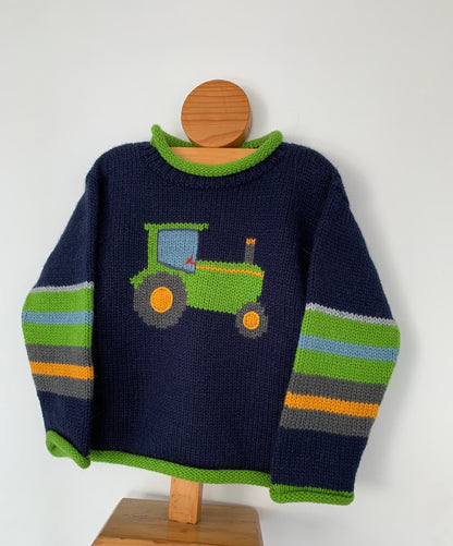 Navy Tractor Hand-Embroidered Alpaca Kids Jumper