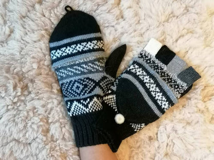 Black & Grey Fair Isle Convertible Alpaca Mittens, photo 2