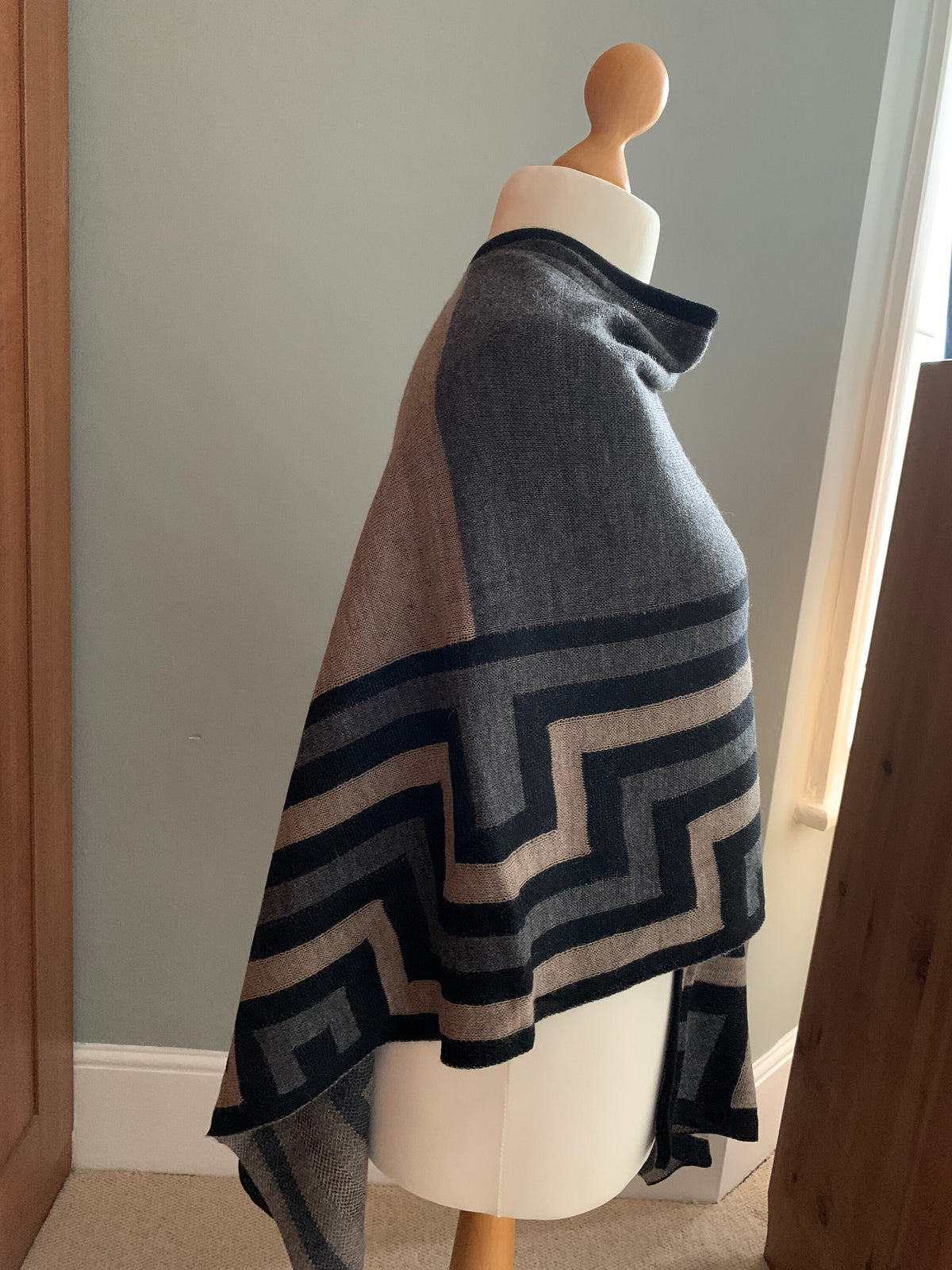 Grey & Beige Geometric Baby Alpaca Ruana Wrap, photo 7